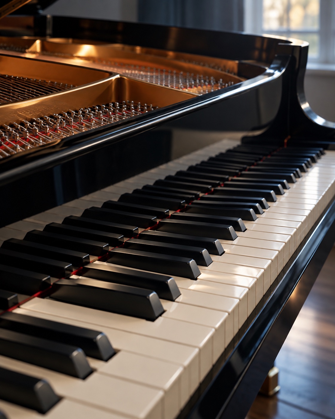 Illustrative close study of acoustic grand piano keys, curved rim and strings